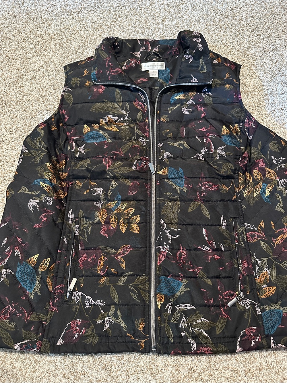 Christopher & Banks Quilted Vest with Multicolor Leaf Print.